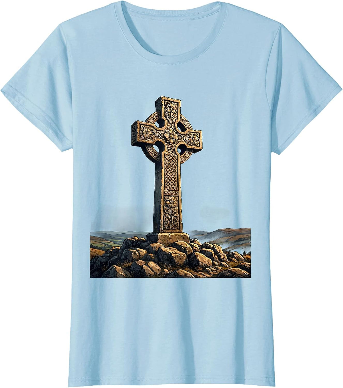 Ornate Stone Cross on Rocky Hilltop Illustration T-Shirt - Baby Blue