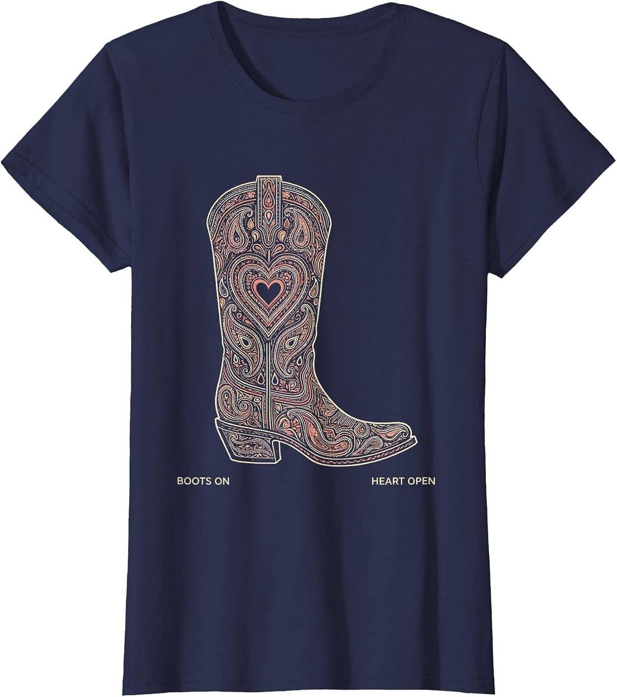 Women's Boots On Heart Open Girls Western Design T-Shirt - Navy Blue