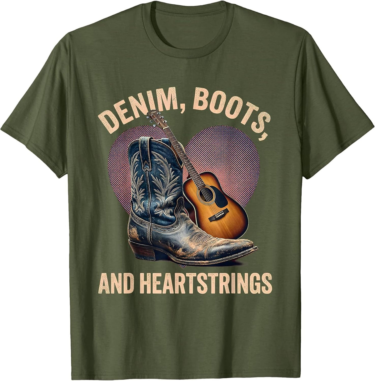 Denim Boots and Heartstrings Country Music Design T-Shirt - Olive Green