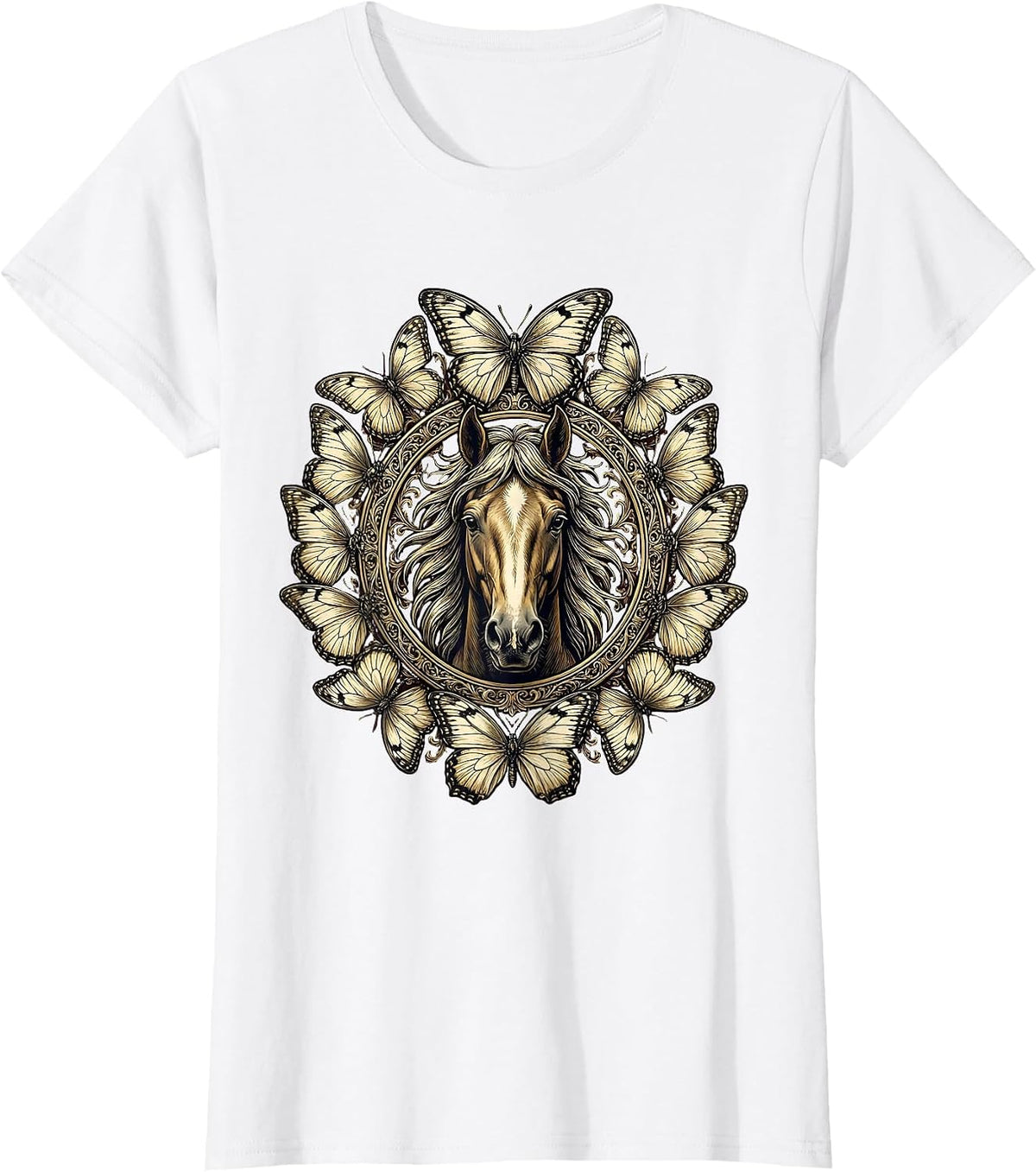 Horse Head and Butterflies Graphic Design T-Shirt - White