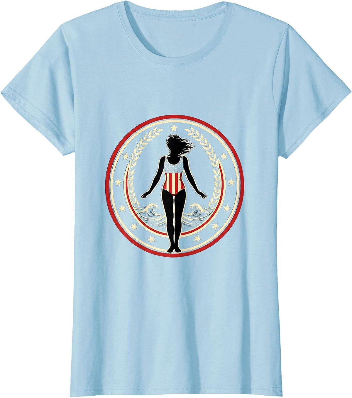 Stars and Stripes Swimsuit Beach Illustration T-Shirt - Baby Blue