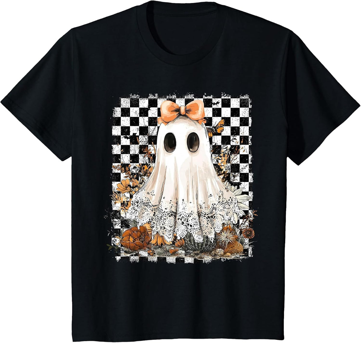 Coquette Bow Ghost Spooky Season Halloween Checkered Retro T-Shirt - Black