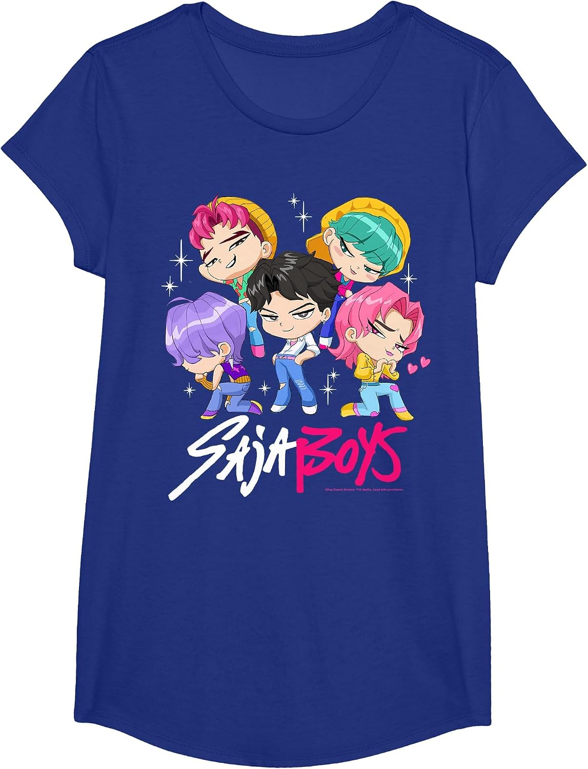 Kpop Demon Hunters Saja Boys Chibi Band Group Shot T-Shirt - Girls Royal Blue