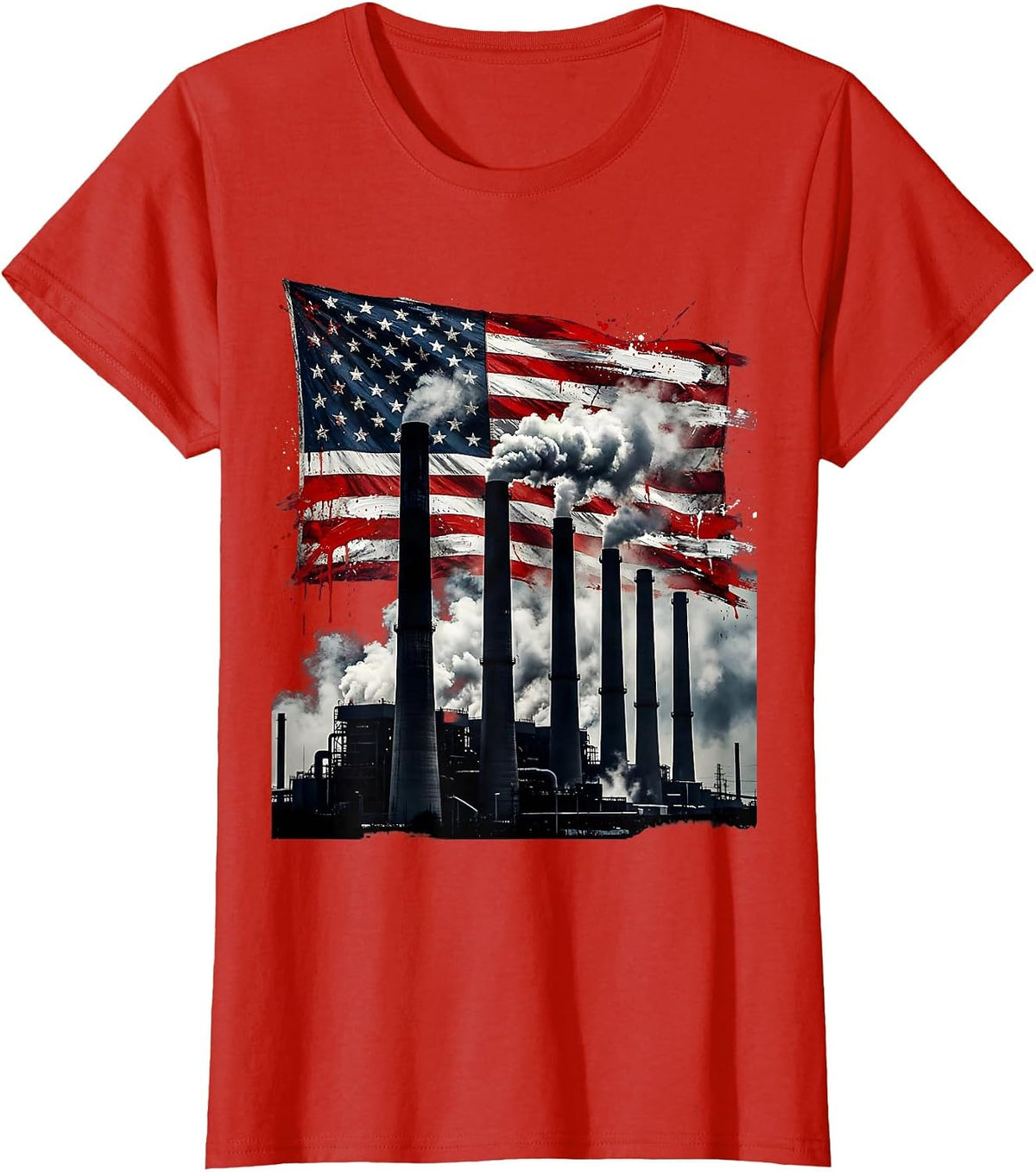 American Industrial Pride Smokestack Flag Graphic T-Shirt - Red