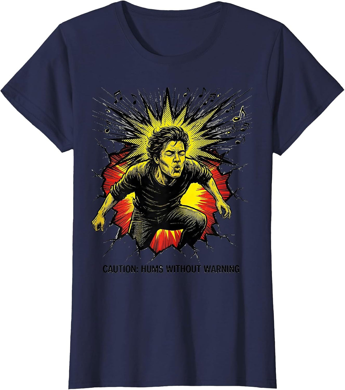 Women's Caution: Hums Without Warning Funny Music Lover Musician T-Shirt - Navy Blue