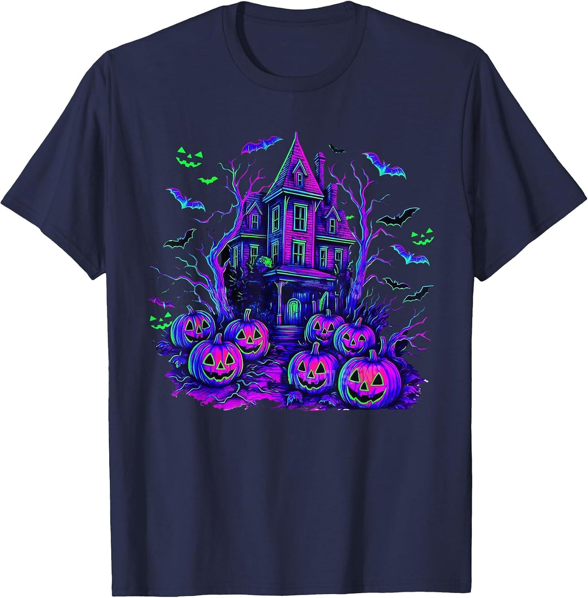 Vintage Halloween Spooky Scene Retro Pumpkin Scary Season T-Shirt - Navy Blue