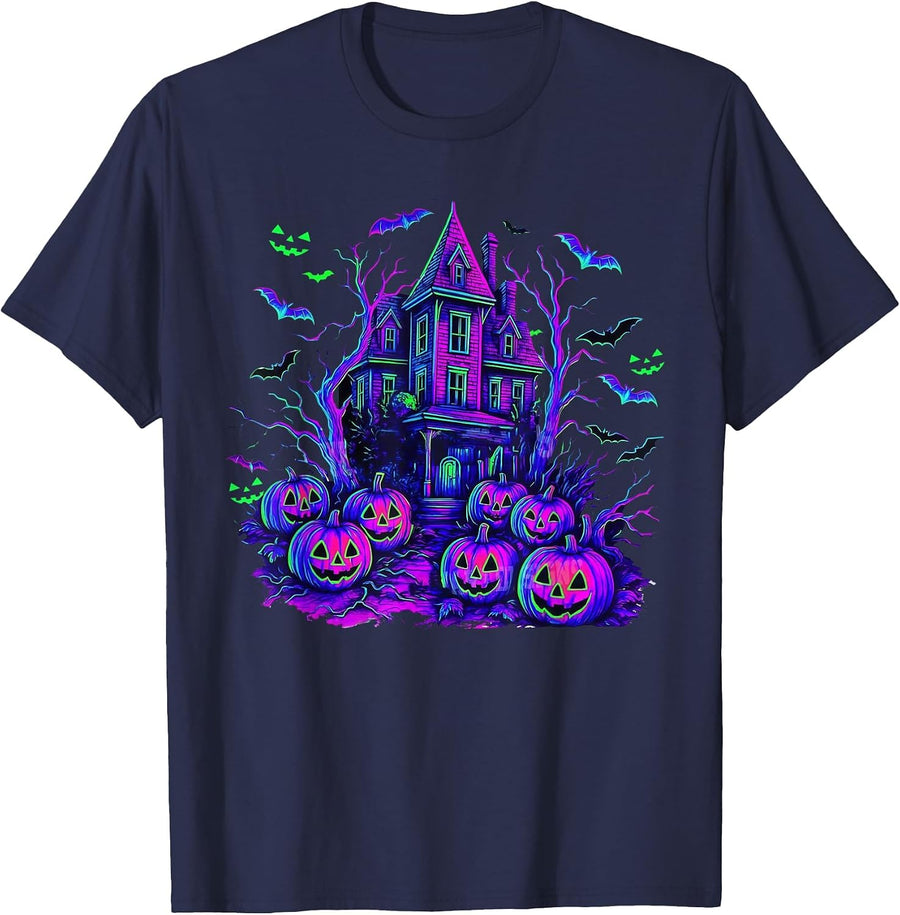 Vintage Halloween Spooky Scene Retro Pumpkin Scary Season T-Shirt - Navy Blue