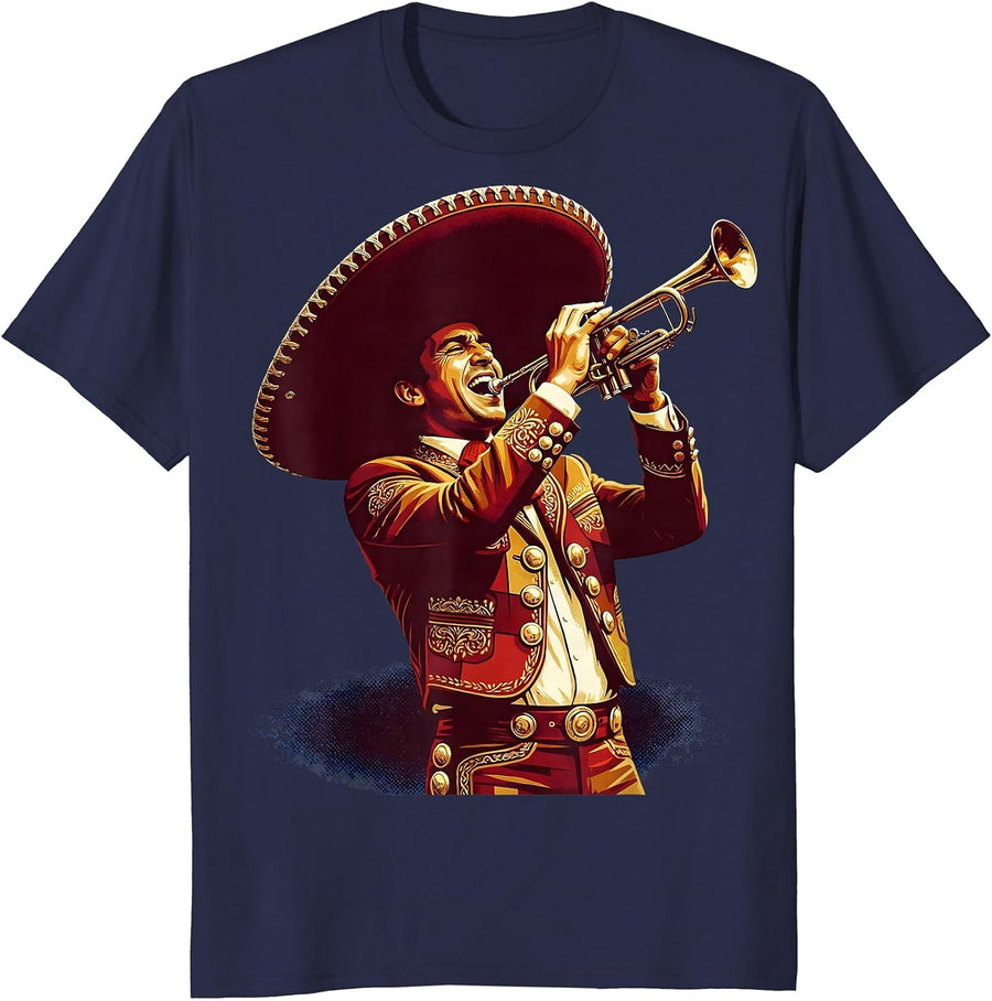 Mariachi Singer Sombrero Graphic Design T-Shirt - Navy Blue