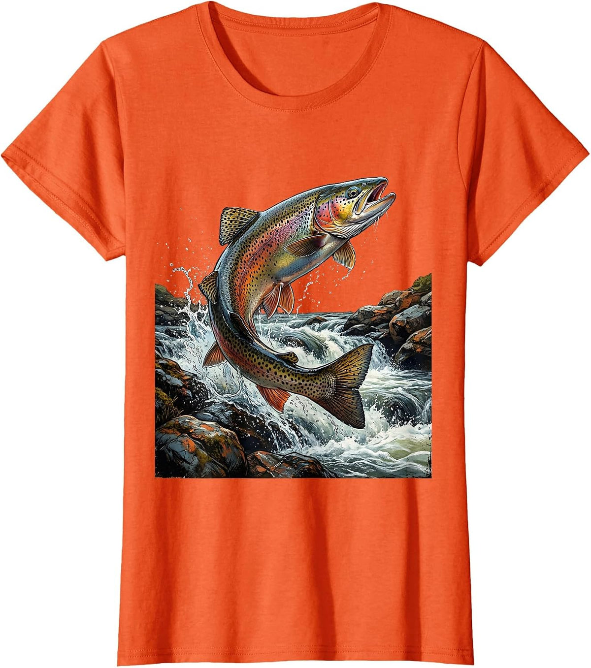 Trout Upstream Rapids Fishing Graphic Design T-Shirt - Orange