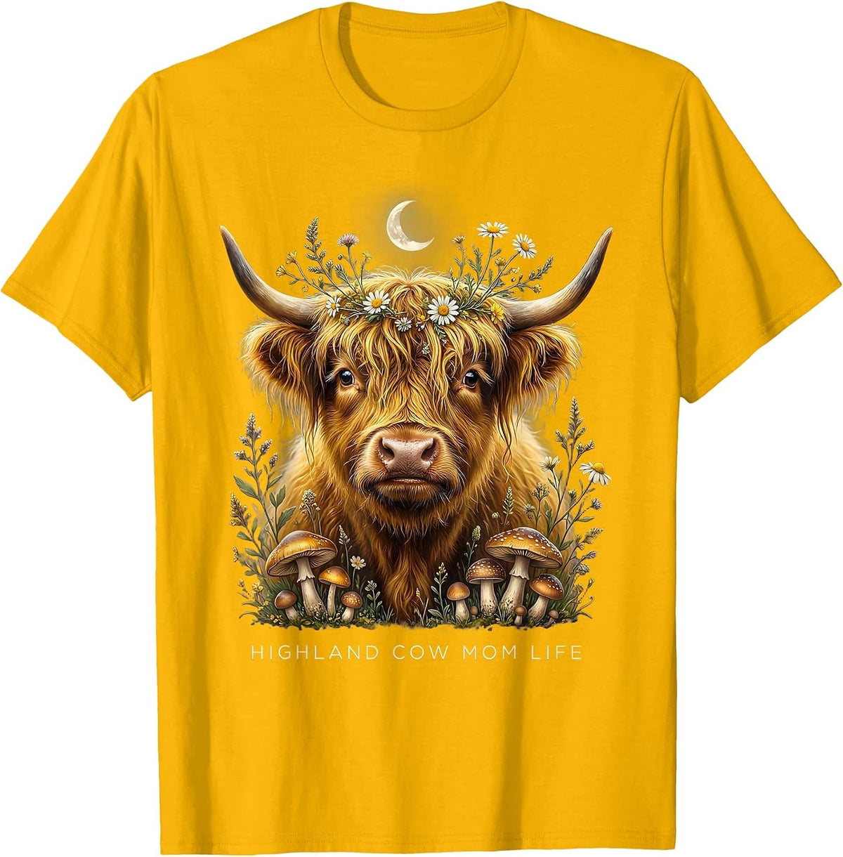 Highland Cow Mom Life Graphic Design T-Shirt - Golden Yellow