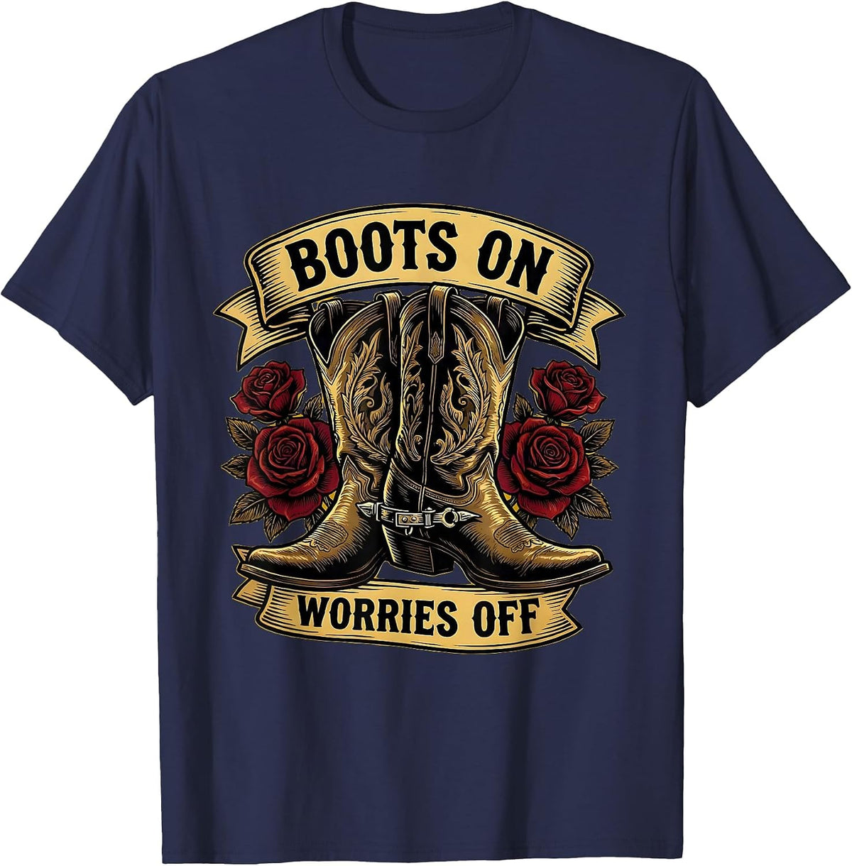 Boots On Worries Off Cowboy Design T-Shirt - Navy Blue