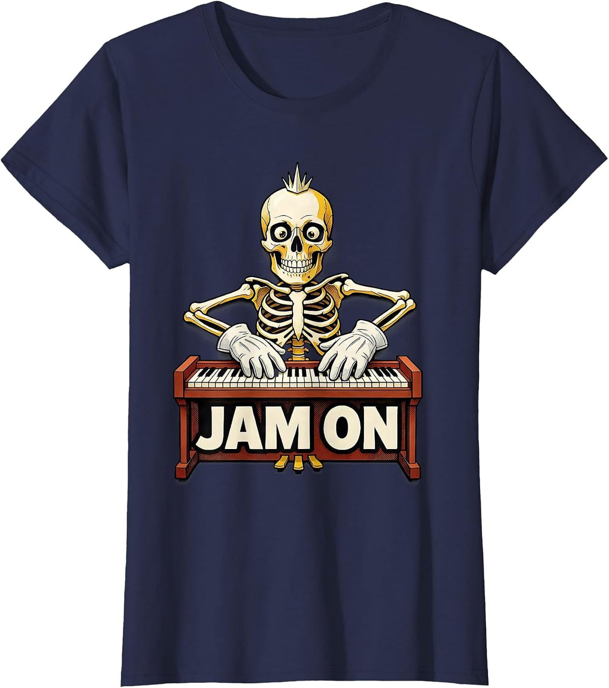 Women's Jam On Retro Cartoon Punk Rock Skeleton Skull Halloween T-Shirt - Navy Blue