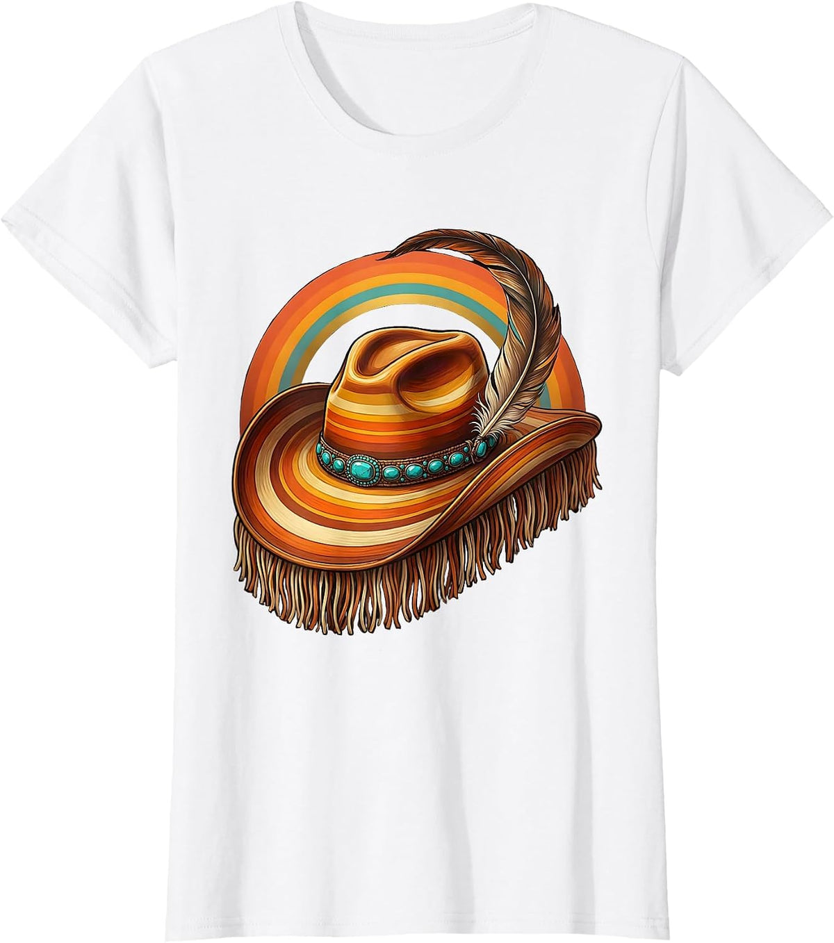 Women's Cowboy Hat Feather Turquoise Western Illustration T-Shirt - White