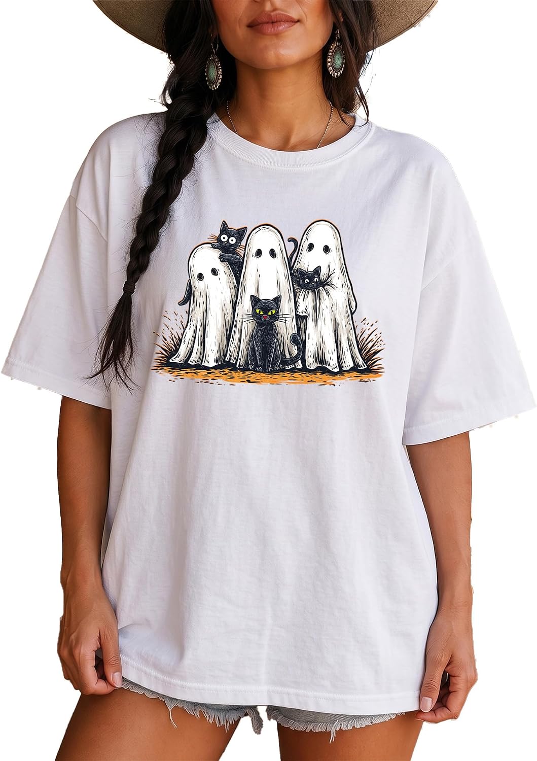 Ghosts and Black Cats Cute Halloween Graphic Tee - White