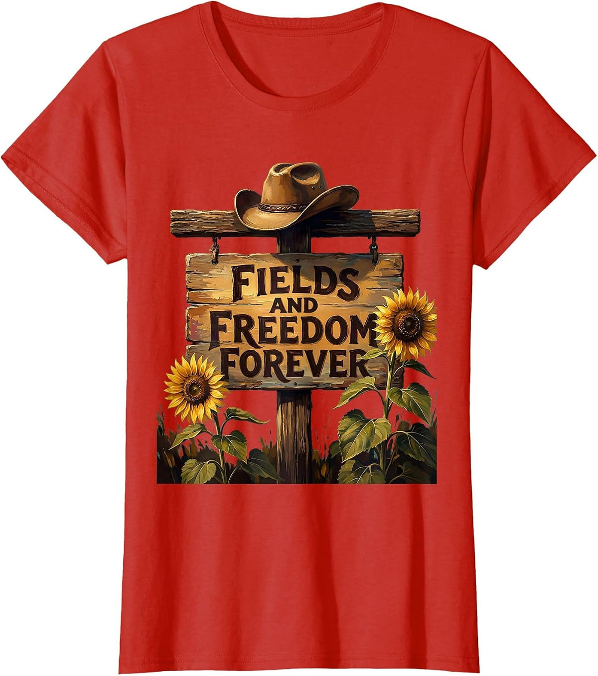 Women's Fields and Freedom Forever Cowgirl Design T-Shirt - Red