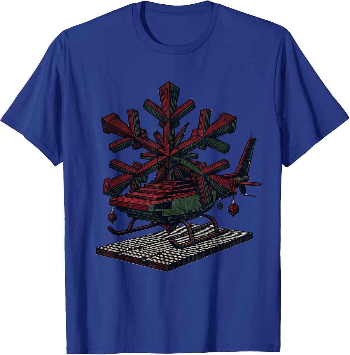 Helicopter Snowflake Linocut Christmas Pilot Aviation Humor T-Shirt - Royal Blue