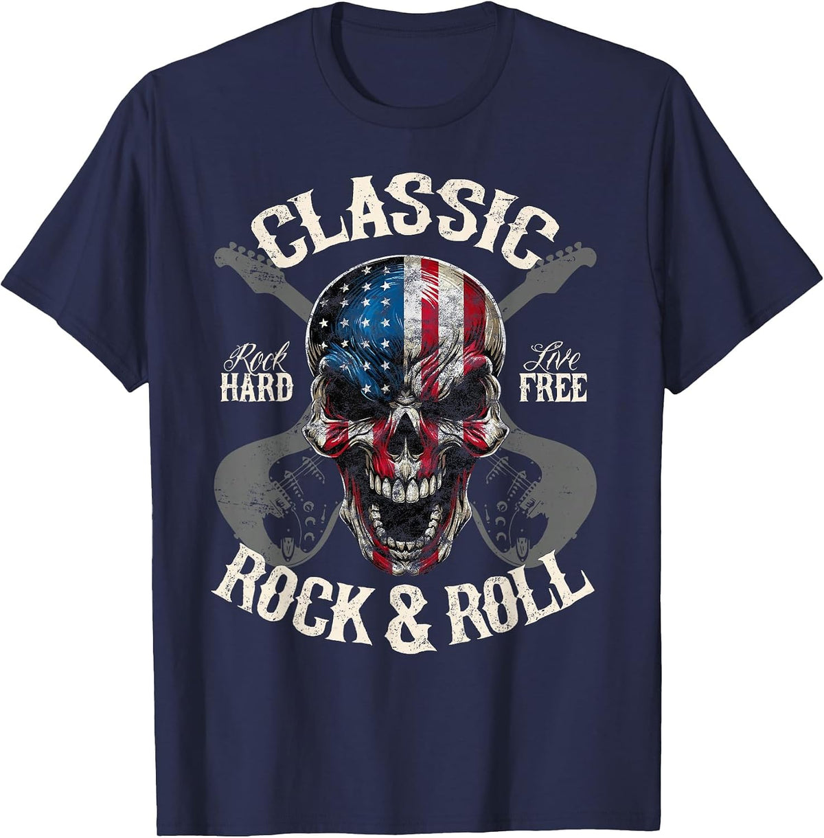Classic Rock and Roll American Flag Guitar Skull Concert T-Shirt - Navy Blue