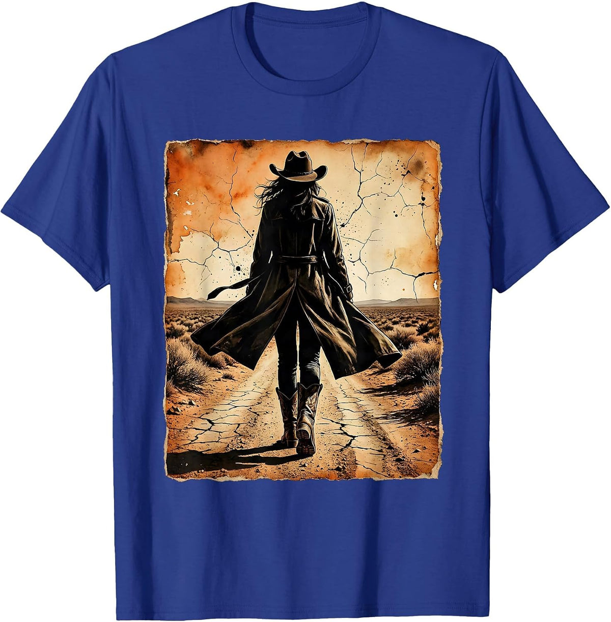 Cowboy Duster Coat Dusty Trail Walking Graphic T-Shirt - Royal Blue