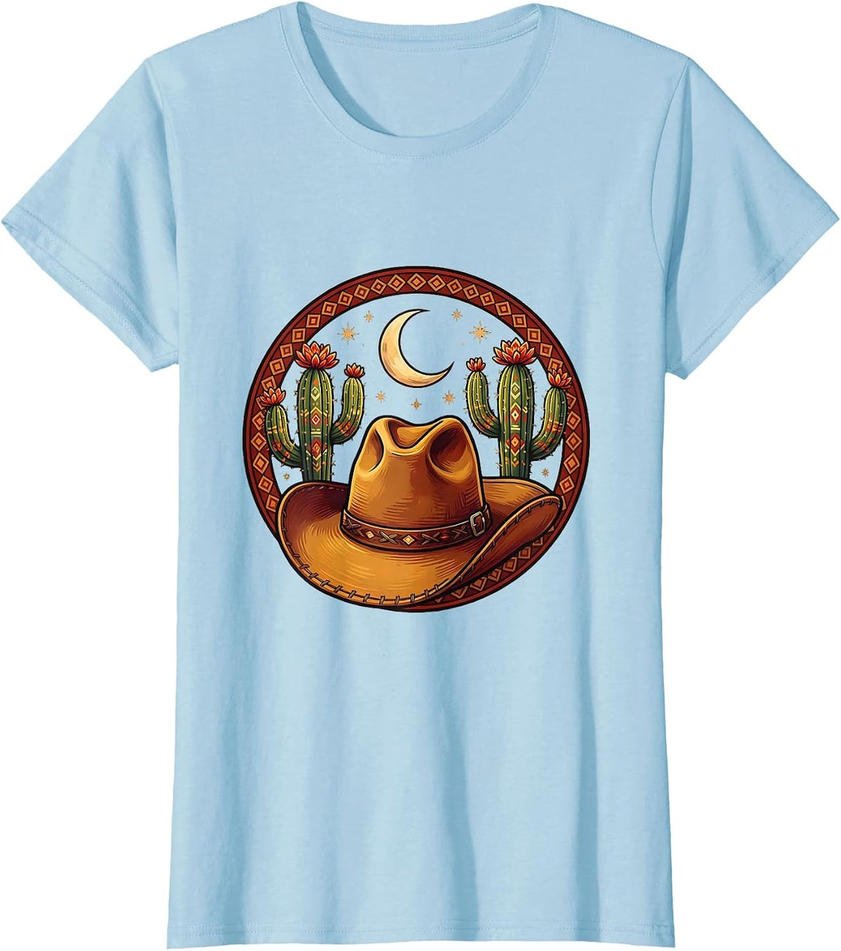 Women's Cowgirl Hat Cactus Crescent Moon Western Design T-Shirt - Baby Blue