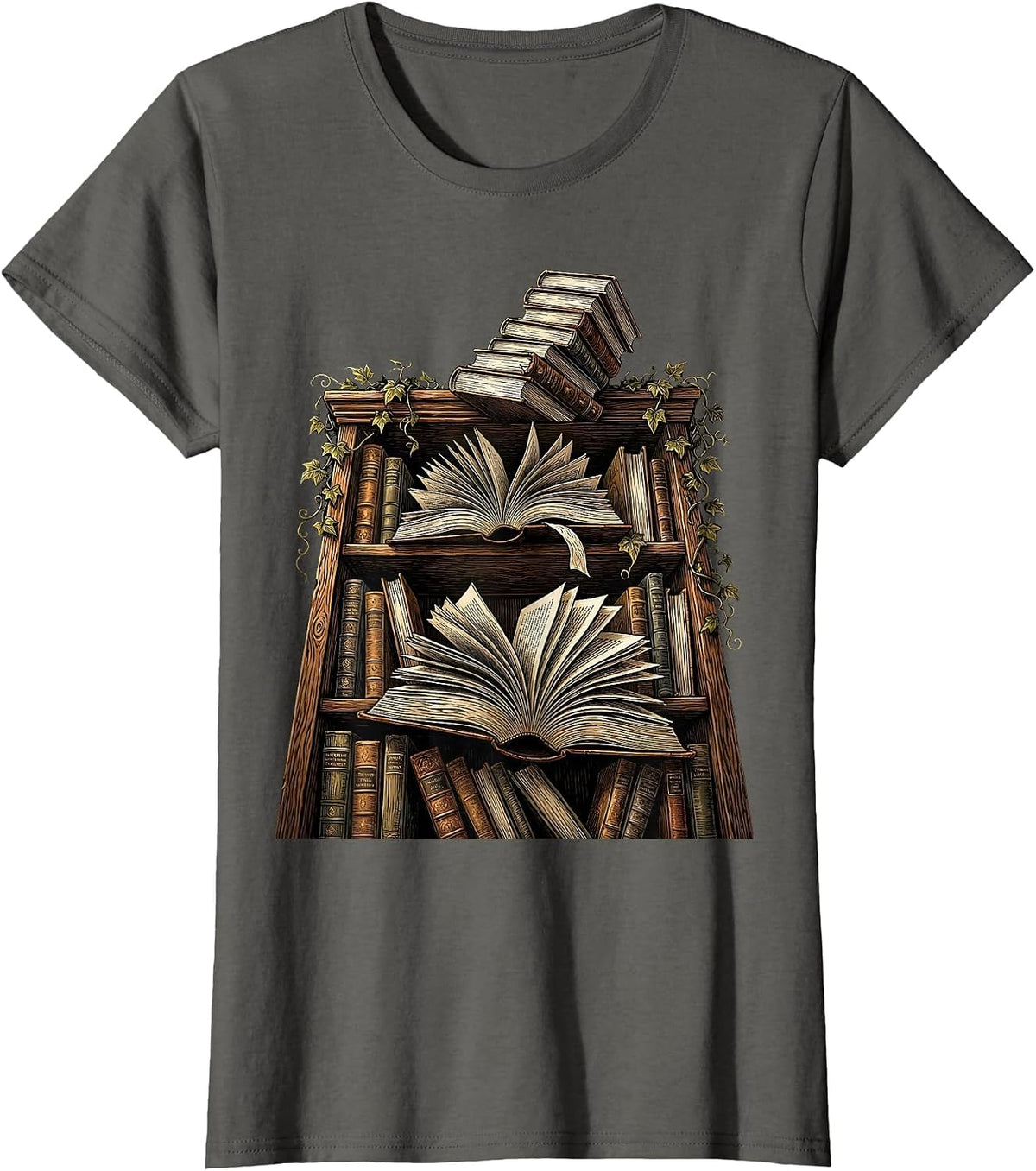 Women's Overflowing Bookshelf Illustration for Book Lovers T-Shirt - Asphalt Grey
