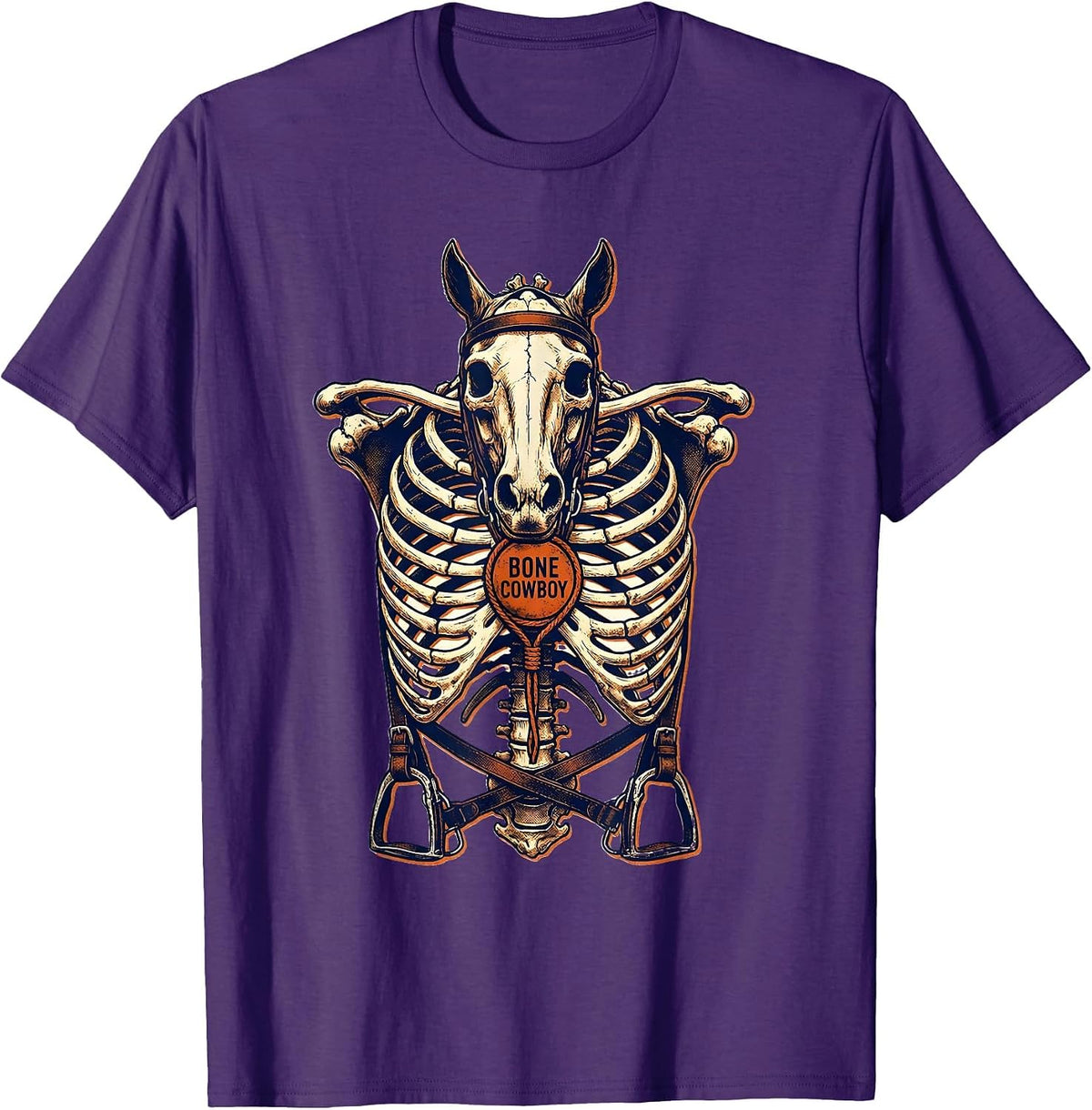Men's Bone Cowboy Risograph Skeleton Horse Equestrian Halloween T-Shirt - Purple