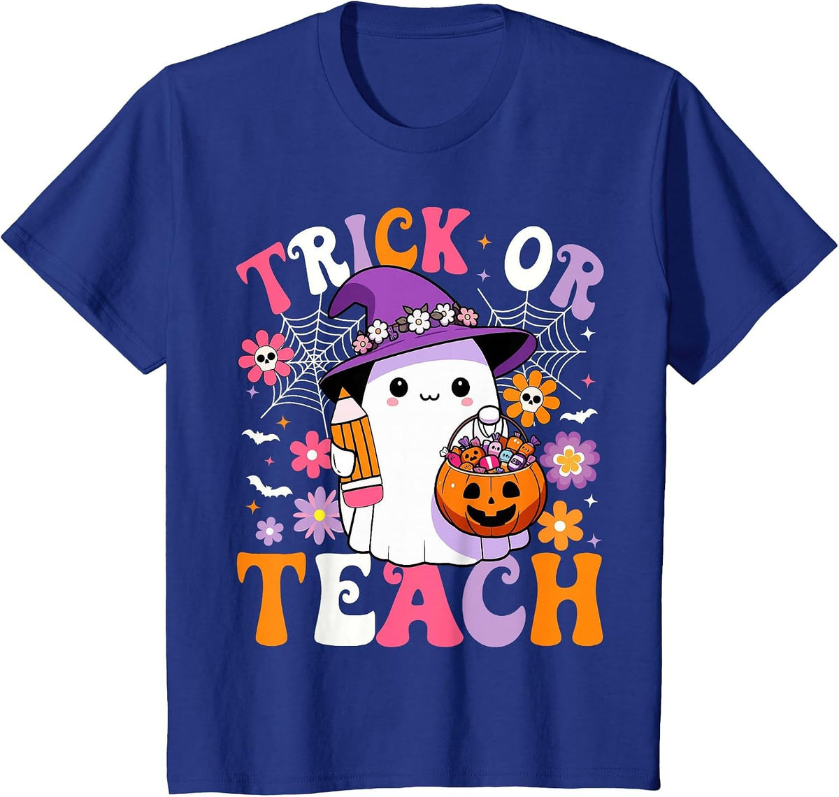 Trick Or Teach Teacher Groovy Ghost Funny Halloween Teacher T-Shirt - Royal Blue