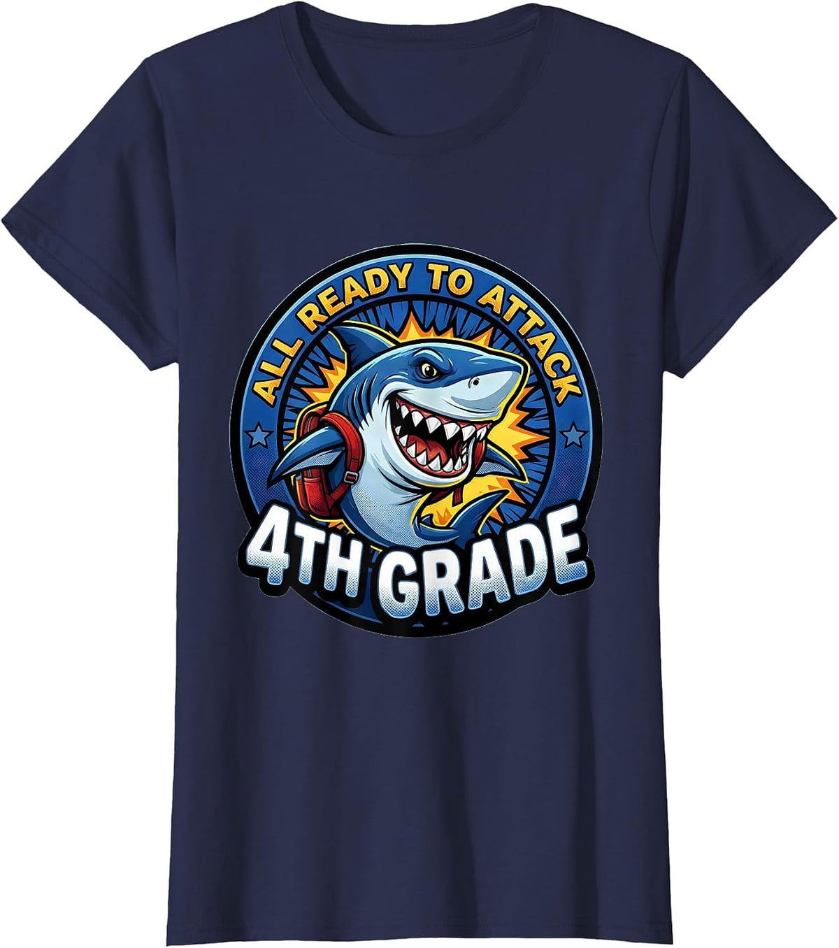Women's All Ready To Attack 4th Grade Comic Book Shark Boys First T-Shirt - Navy Blue
