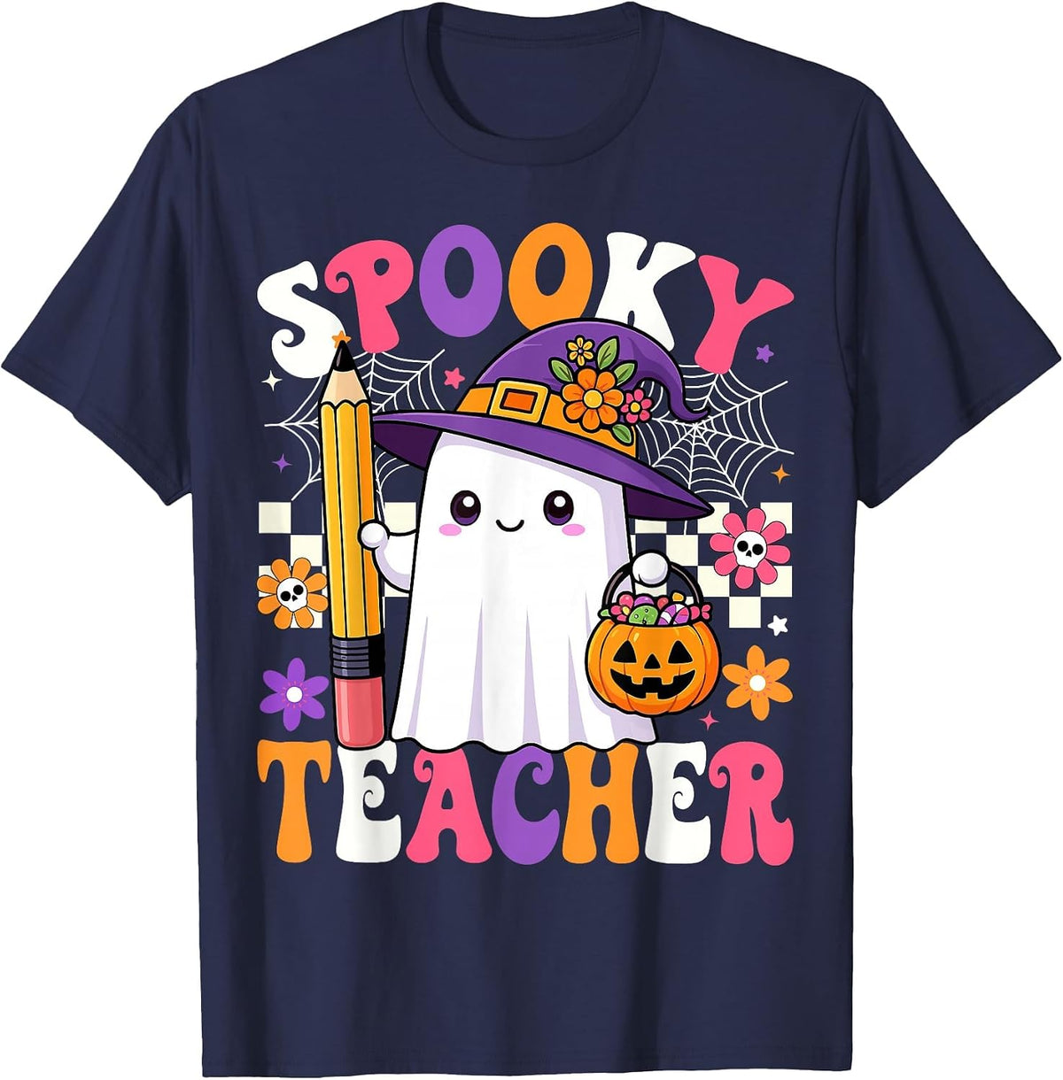 Spooky Teacher Ghost Pencil Teach Funny Halloween Teacher T-Shirt - Navy Blue
