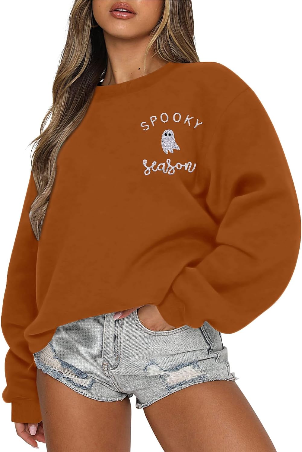 Women's Halloween Sweatshirt, Spooky Season Graphic Crewneck Top - Brown