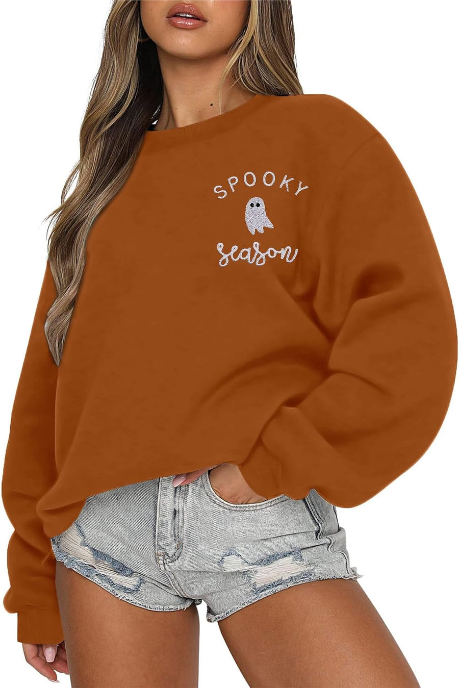 Women's Halloween Sweatshirt, Spooky Season Graphic Crewneck Top - Brown