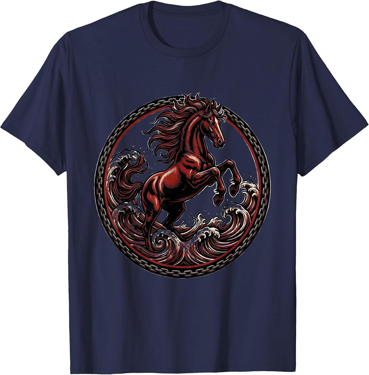 Men's Horse Galloping Through Ocean Waves Graphic T-Shirt - Navy Blue