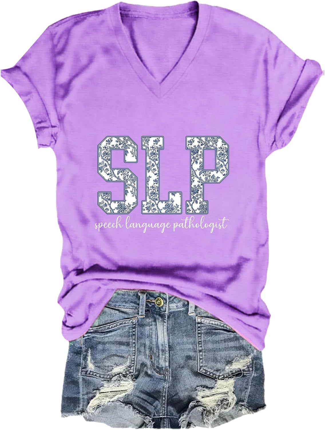 Speech Language Pathologist Shirt SLP V-Neck Shirts Florals Speech Therapist V Tee - Purple