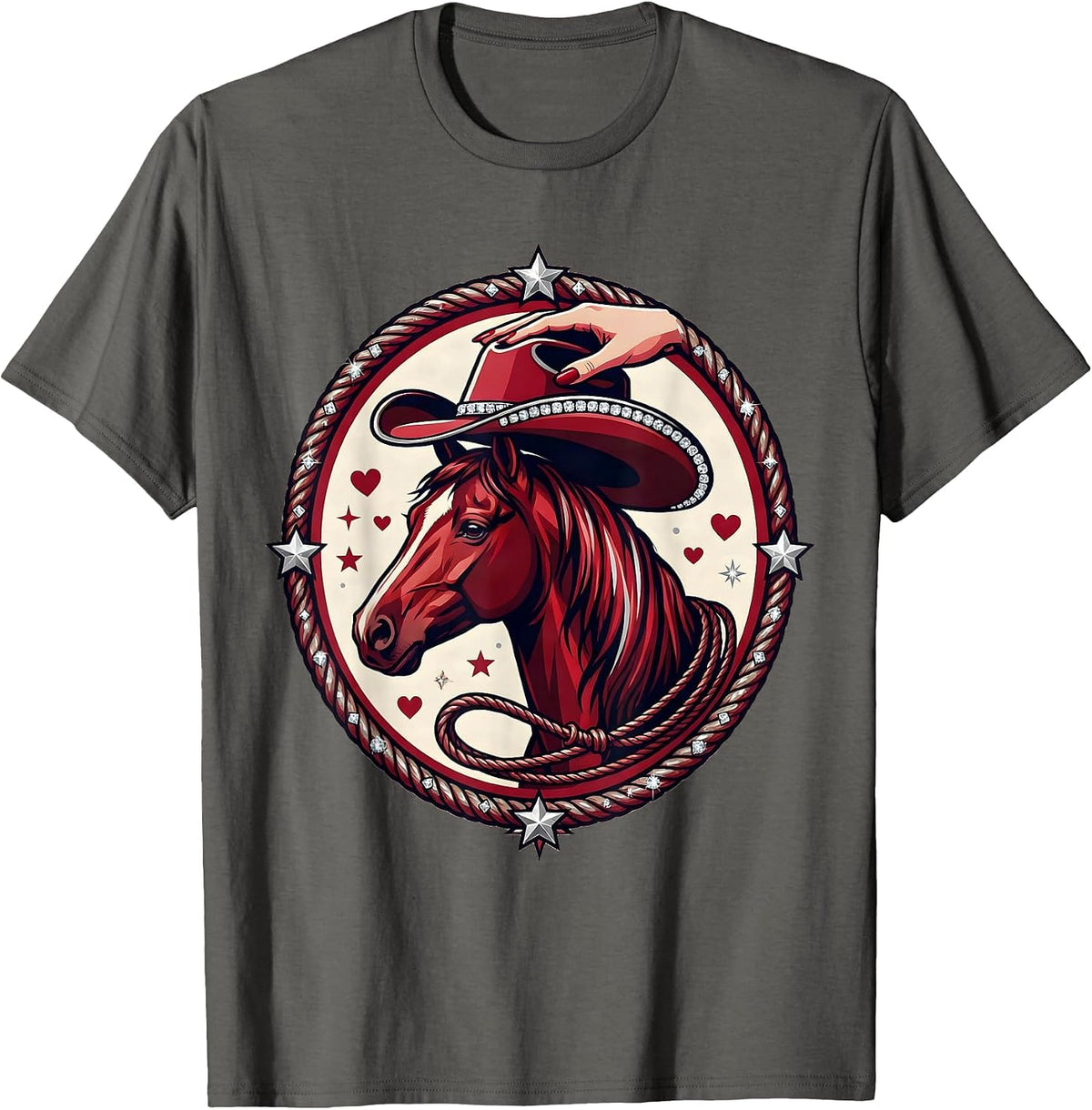 Men's Cowgirl Placing Hat on Horse Graphic Tee T-Shirt - Asphalt Grey