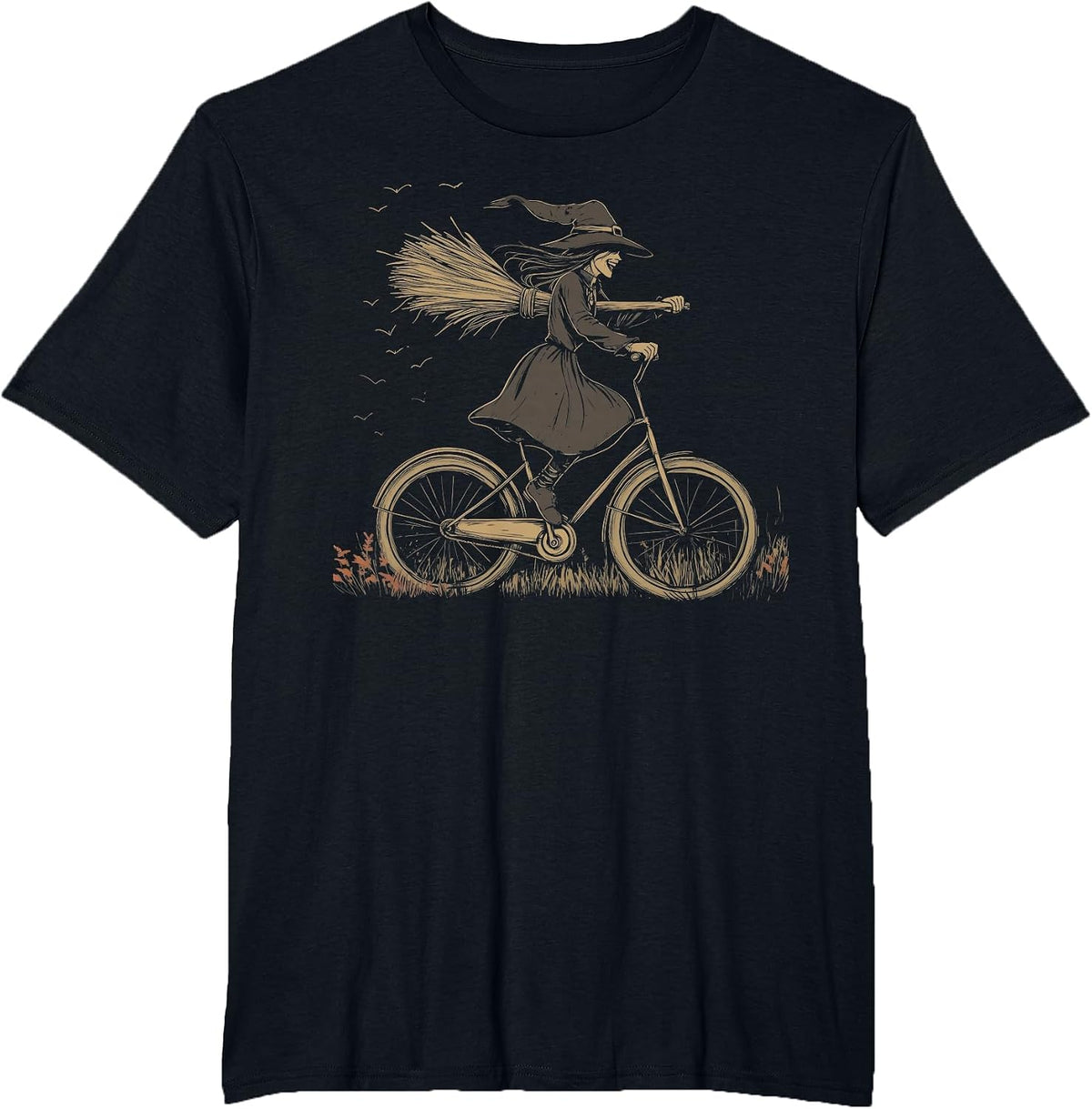 Vintage Spooky Witch Riding Bicycle Cycing Biking Halloween T-Shirt - Black