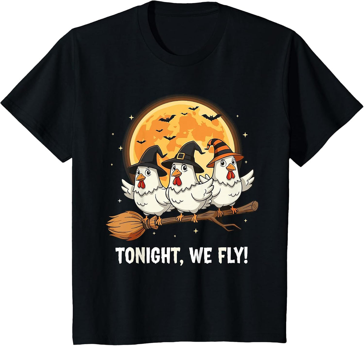 Funny Halloween Chicken Witches Broomstick Spooky Hens Moon T-Shirt - Black
