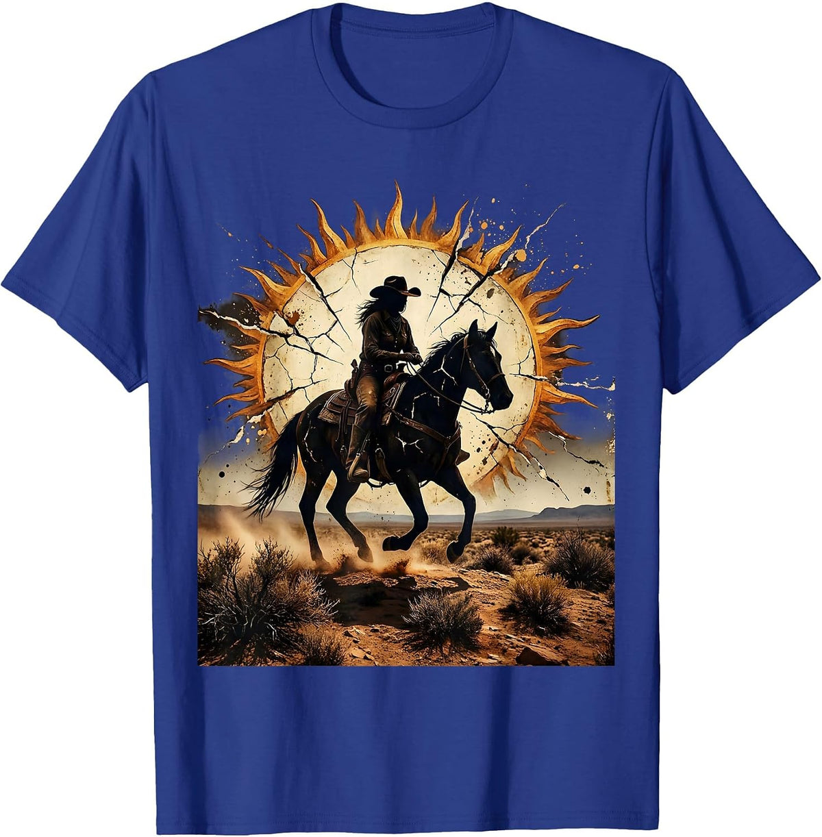 Men's Lone Cowgirl Silhouette Sunset Country Music T-Shirt - Royal Blue