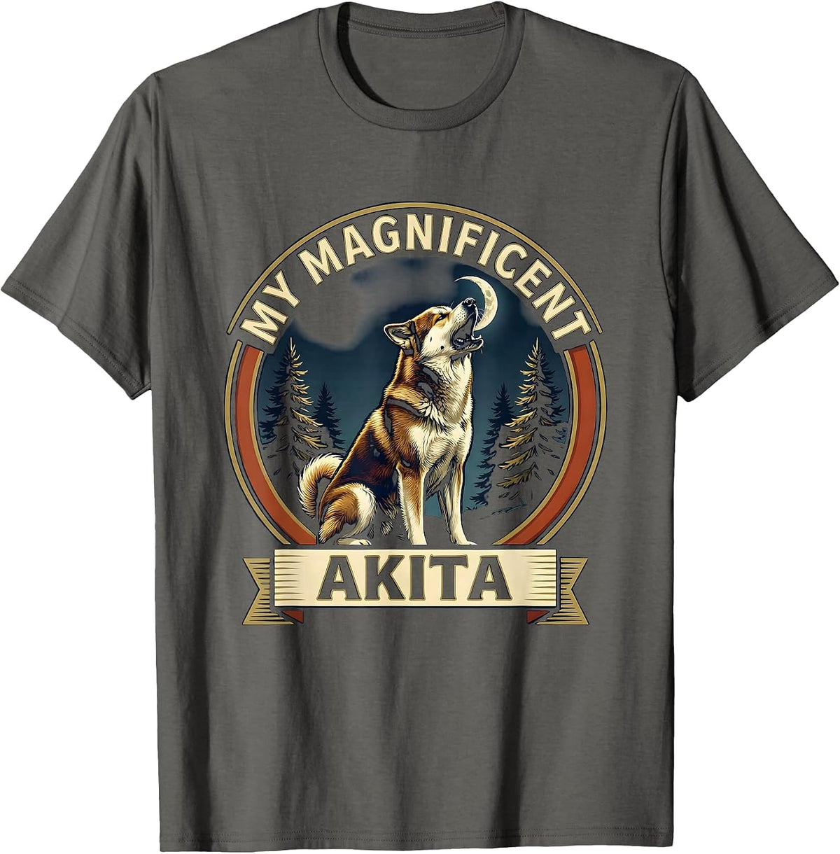 MY MAGNIFICENT AKITA Funny Akita Howling At The Moon Retro T-Shirt - Asphalt Grey