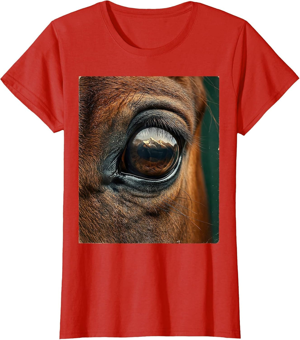 Horse Eye Reflecting Mountains Graphic Design T-Shirt - Red