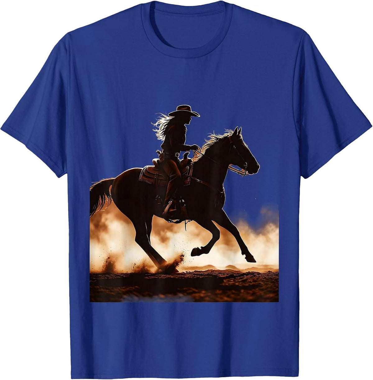White Cowgirl Riding Horse Through Dusty Trail T-Shirt - Royal Blue