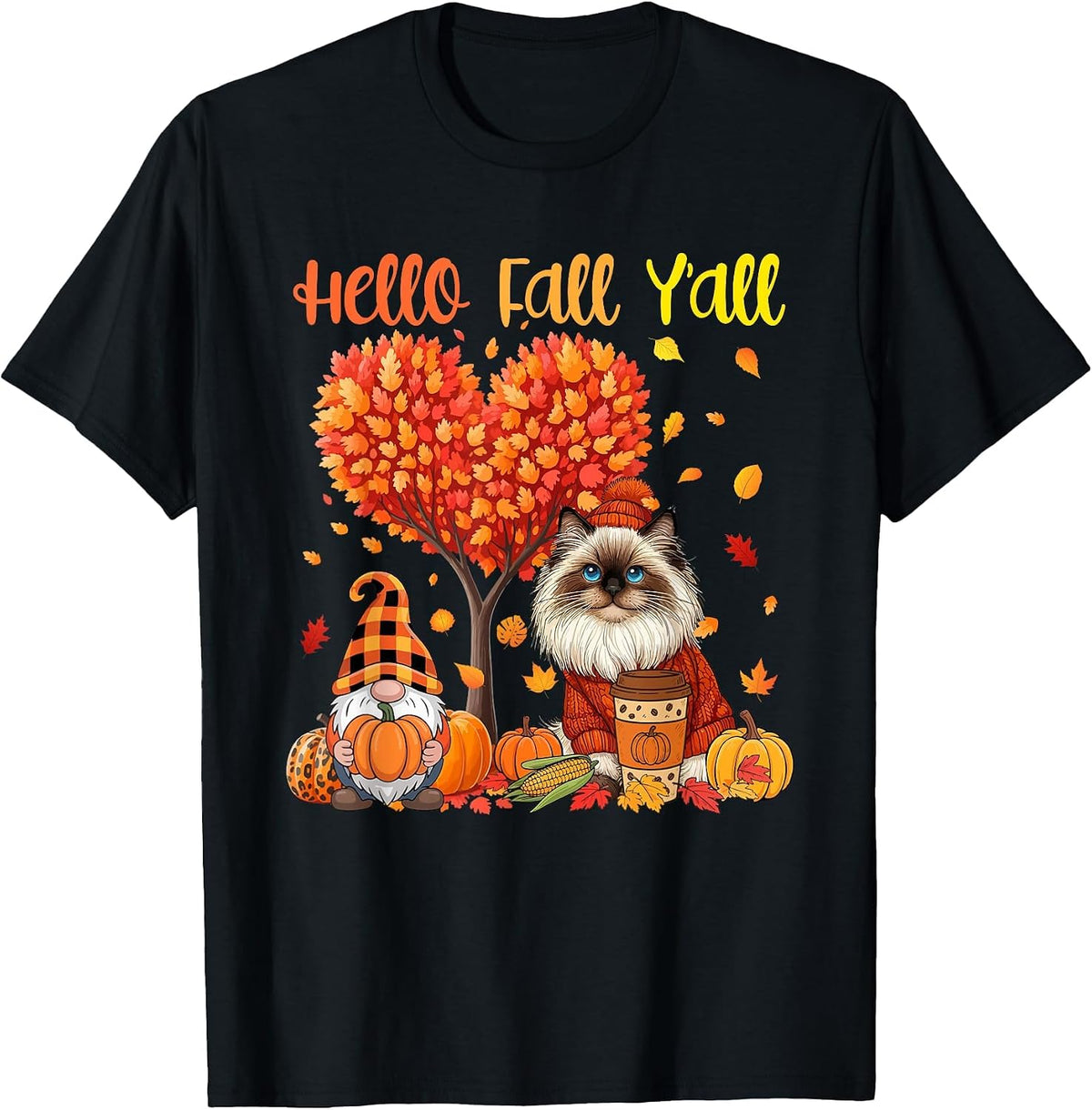 Fall Y'all Thanksgiving Himalayan Cat Gnome Pupmkins Case T-Shirt - Black