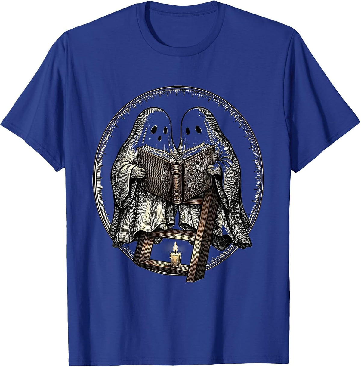 Bookish Ghosts Reading Library Ladder Cozy Halloween T-Shirt - Royal Blue