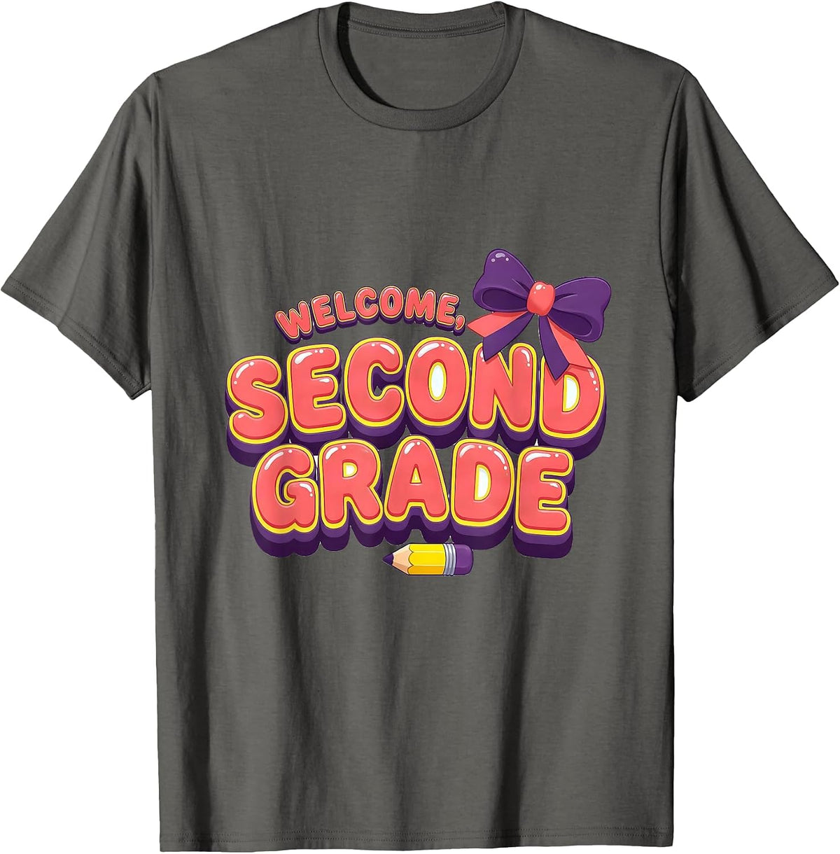 Welcome, Second Grade Cute Coquette Bow Back to School T-Shirt - Asphalt Grey