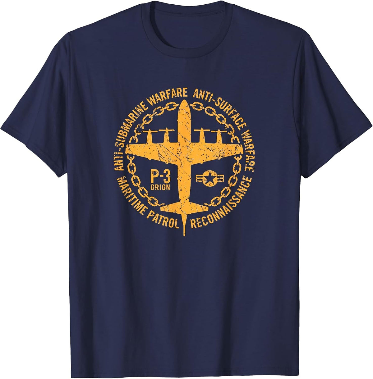 P-3 Anti-Submarine Warfare Patrol Aircraft Distressed Design T-Shirt - Navy Blue