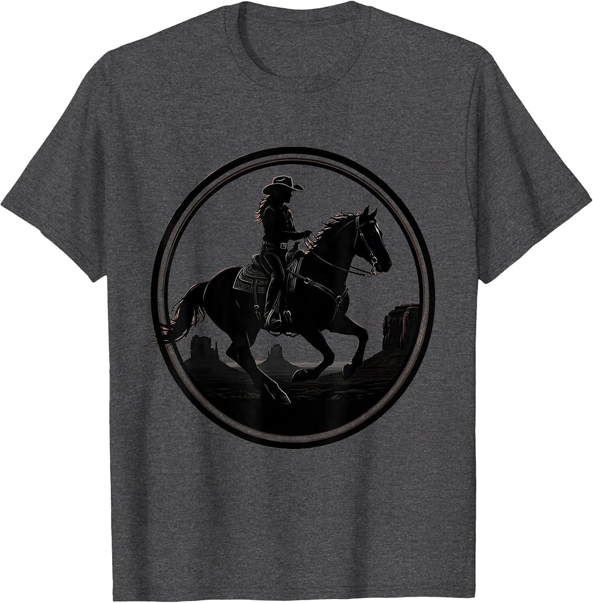 Western Cowgirl Horseback Rider Wide Brim Hat T-Shirt - Dark Heather Grey