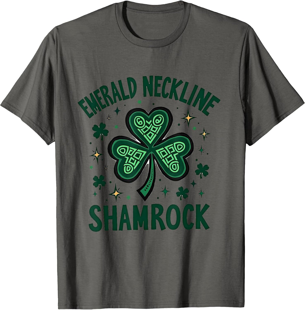 Emerald Neckline Shamrock St Patricks Day Design T-Shirt - Asphalt Grey