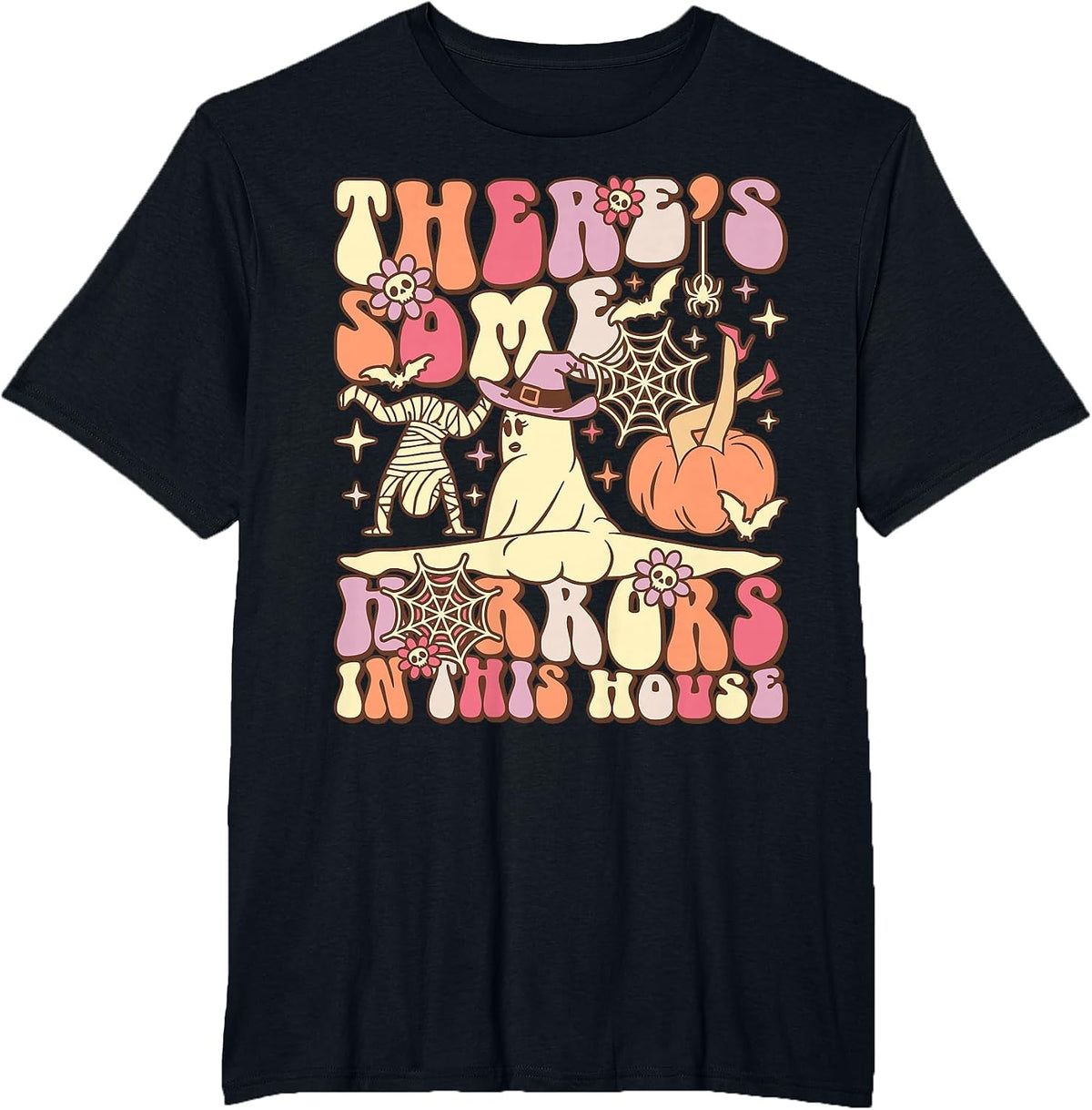 There's Some Horrors in This House Groovy Ghost Halloween T-Shirt - Black