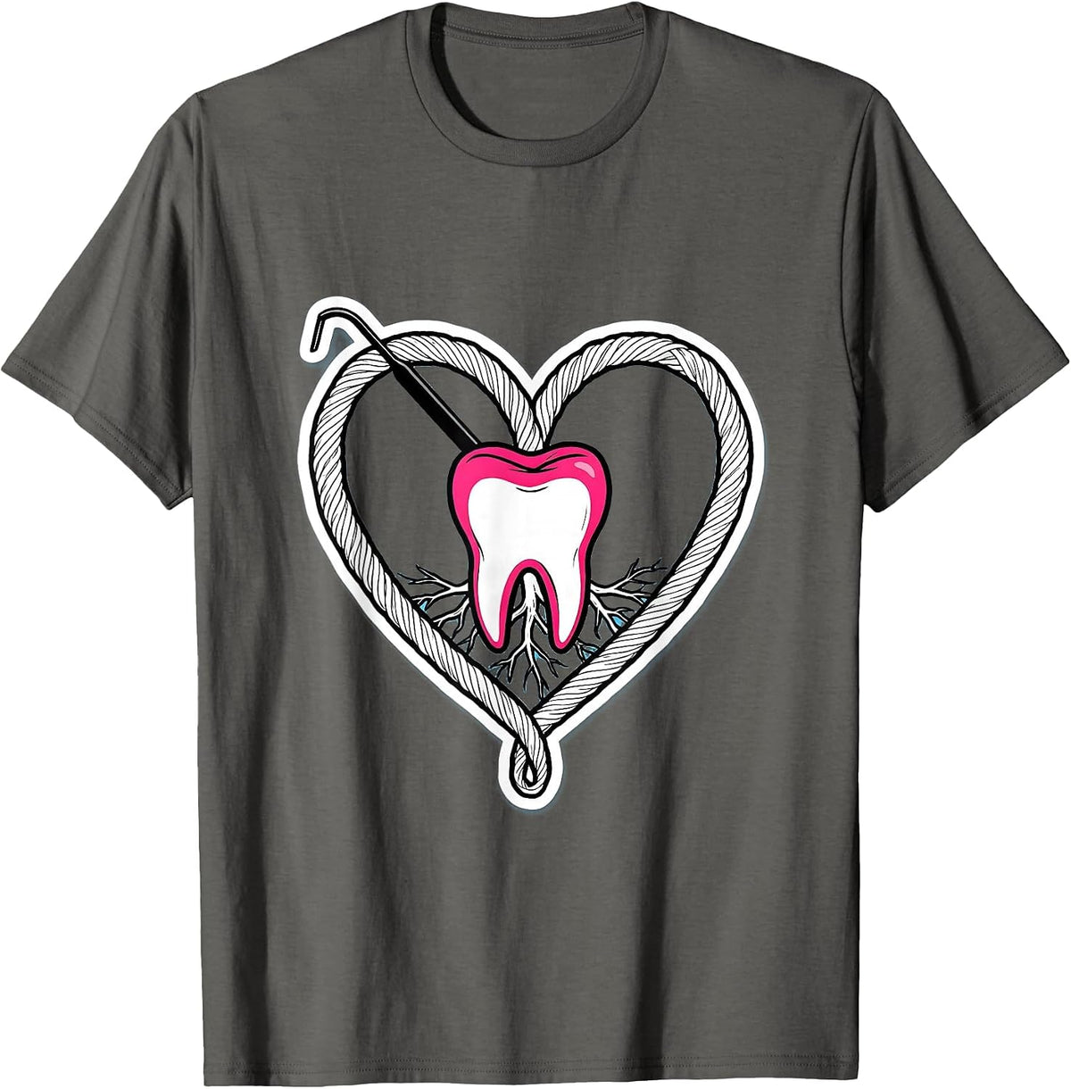 Heart-Shaped Dental Floss Loop Funny Dental Professional T-Shirt - Asphalt Grey