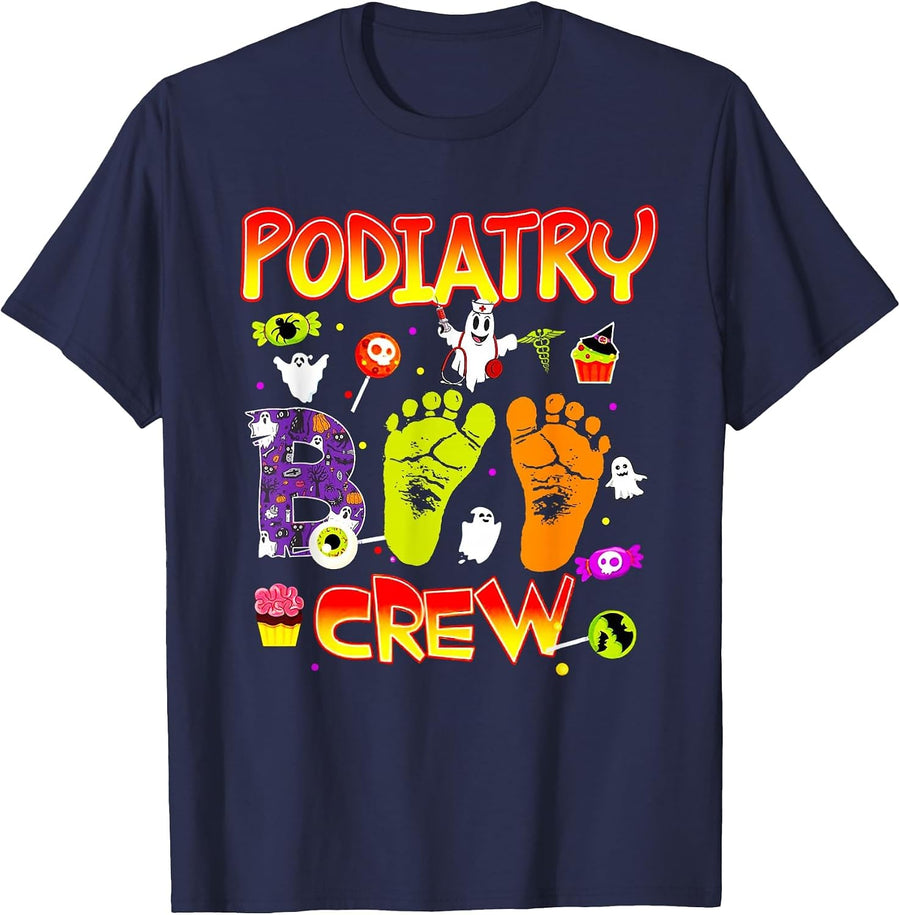 Podiatry Boo Crew Funny Ghost Footprint Halloween Spooky T-Shirt - Navy Blue