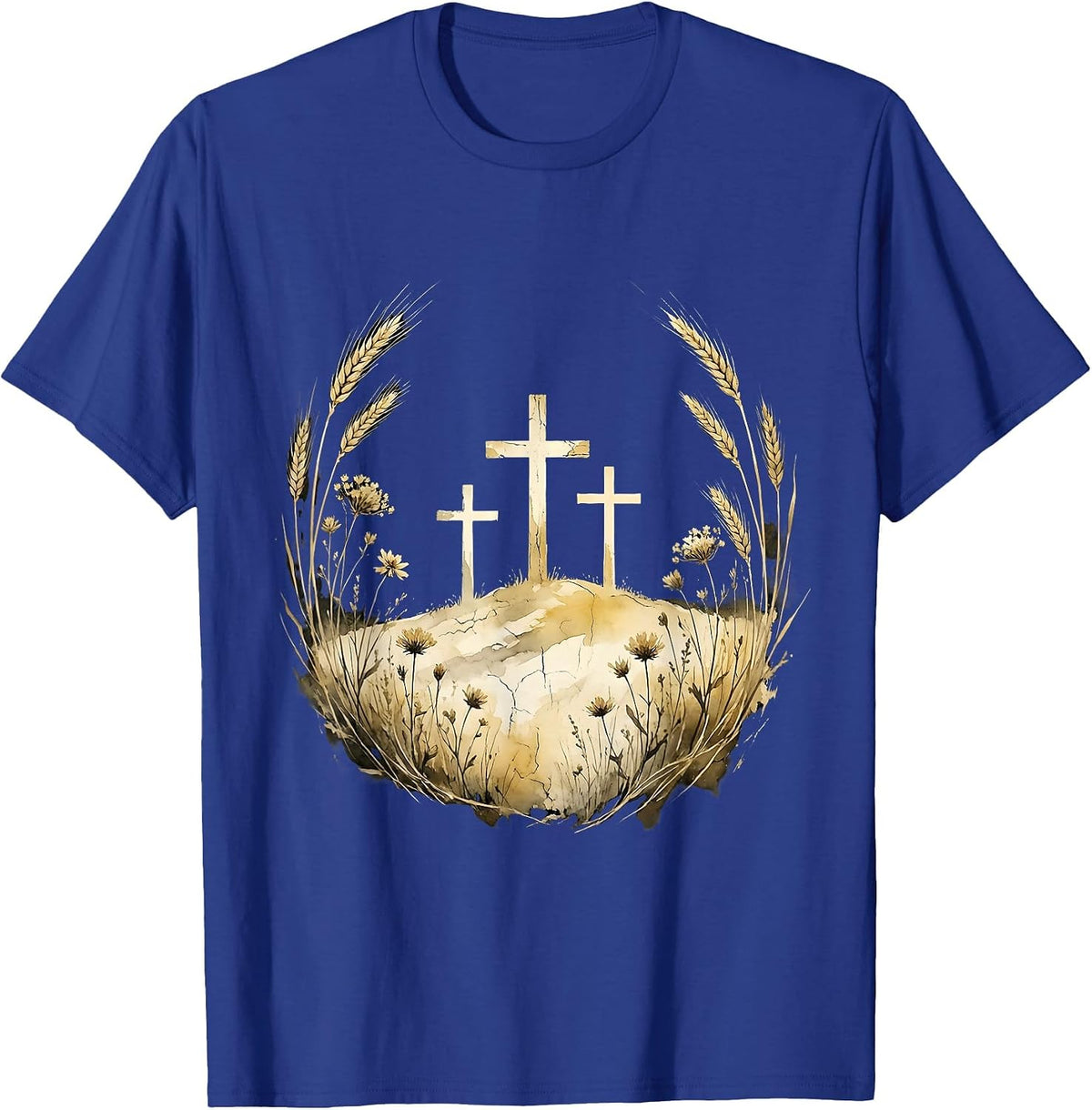 Three Crosses Hilltop Silhouette Christian Design T-Shirt - Royal Blue