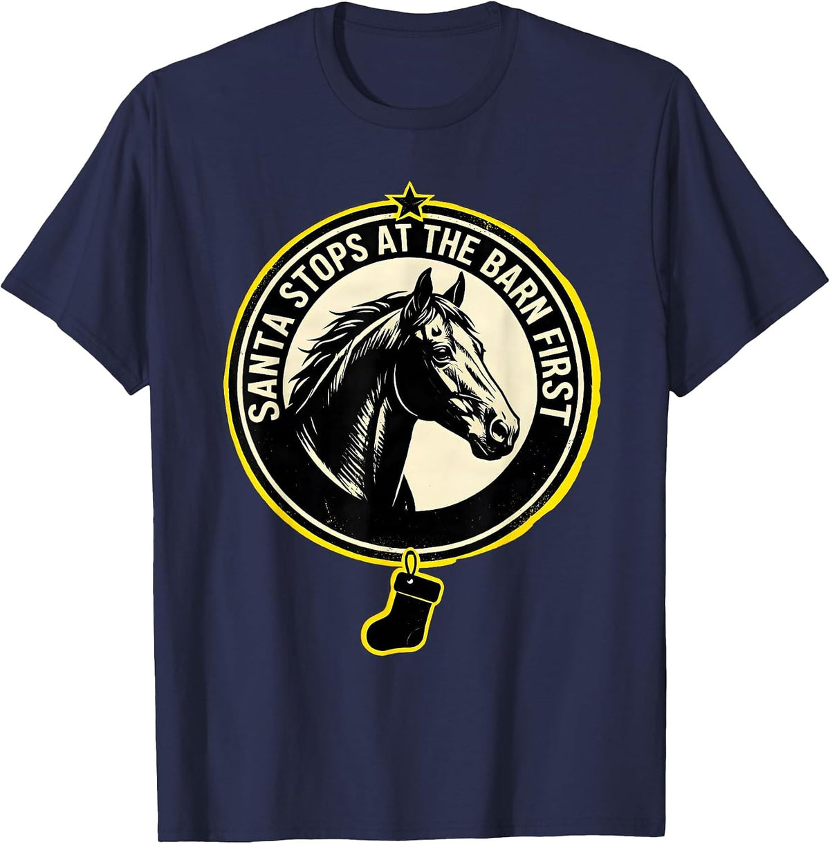 Santa Stops At The Barn First Funny Horse Lover Christmas T-Shirt - Navy Blue